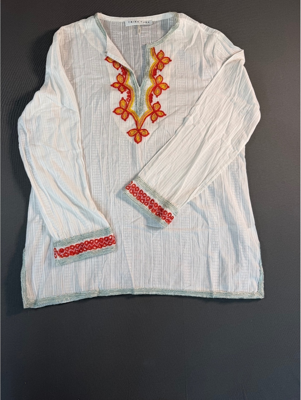 Trina Turk White Cotton Embroidered Tunic Top, Size Large